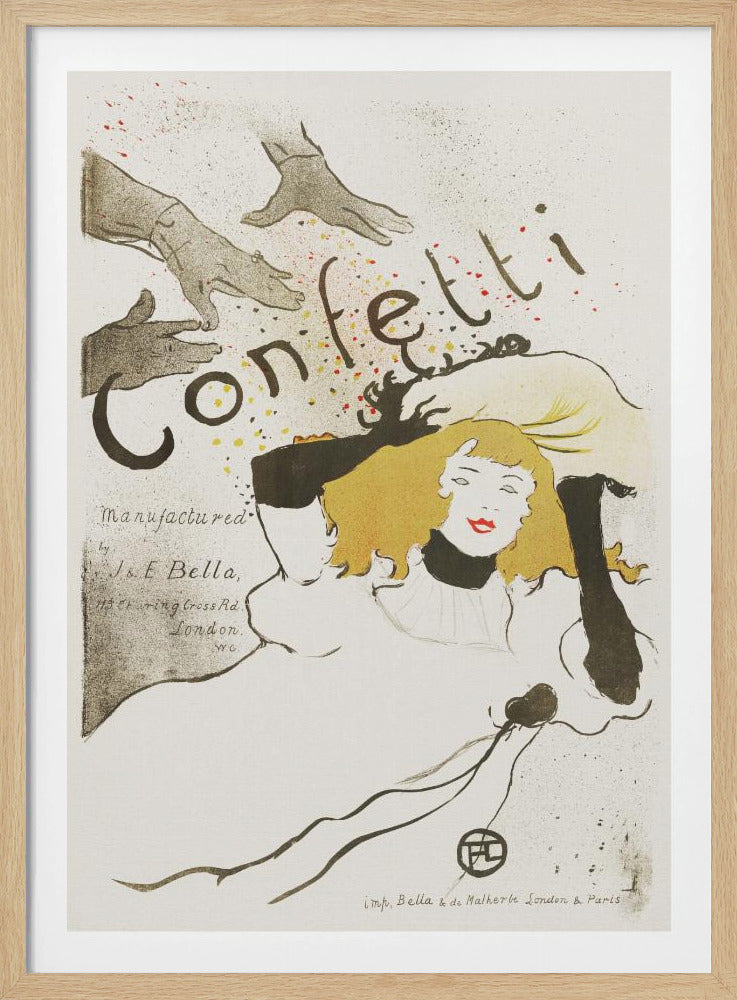 A vintage Art Nouveau poster by Henri de Toulouse-Lautrec advertising 'Confetti'. The illustration features a woman with blonde hair and red lipstick, wearing black gloves, looking up as hands above her shower her with colorful confetti. The background is a light cream color with black text. Poster