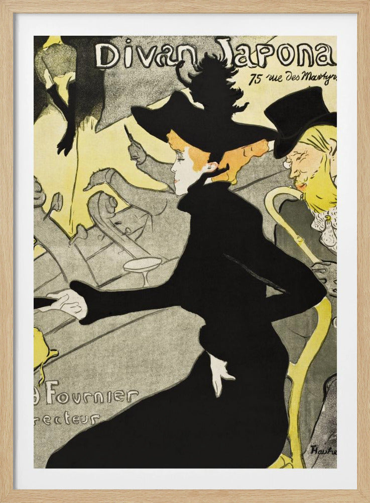 Vintage Art Nouveau poster by Henri de Toulouse-Lautrec for 'Divan Japonais'. It depicts elegant spectators, including Jane Avril in a striking black dress and hat, watching a performance by Yvette Guilbert on stage. The style features bold black outlines and a limited palette of yellow, black, and gray. Artwork