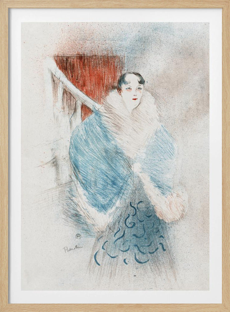 A vintage sketch-style artwork of a woman with dark hair and red lipstick, wearing an elegant, oversized blue coat with a large white fur collar. The background is muted with a prominent red rectangular shape. Artwork