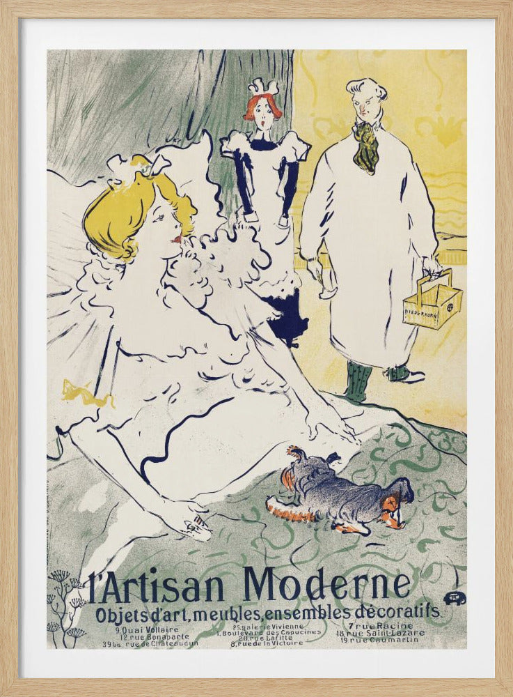 A vintage Art Nouveau poster by Toulouse-Lautrec titled 'L'Artisan Moderne'. The illustration depicts a blonde woman in a white ruffled gown reclining in the foreground with a small dog. In the background, a maid with red hair looks on with a surprised expression, standing next to a man in a white coat carrying a toolbox. The style features bold lines and a muted color palette of yellow, green, and blue. Artwork