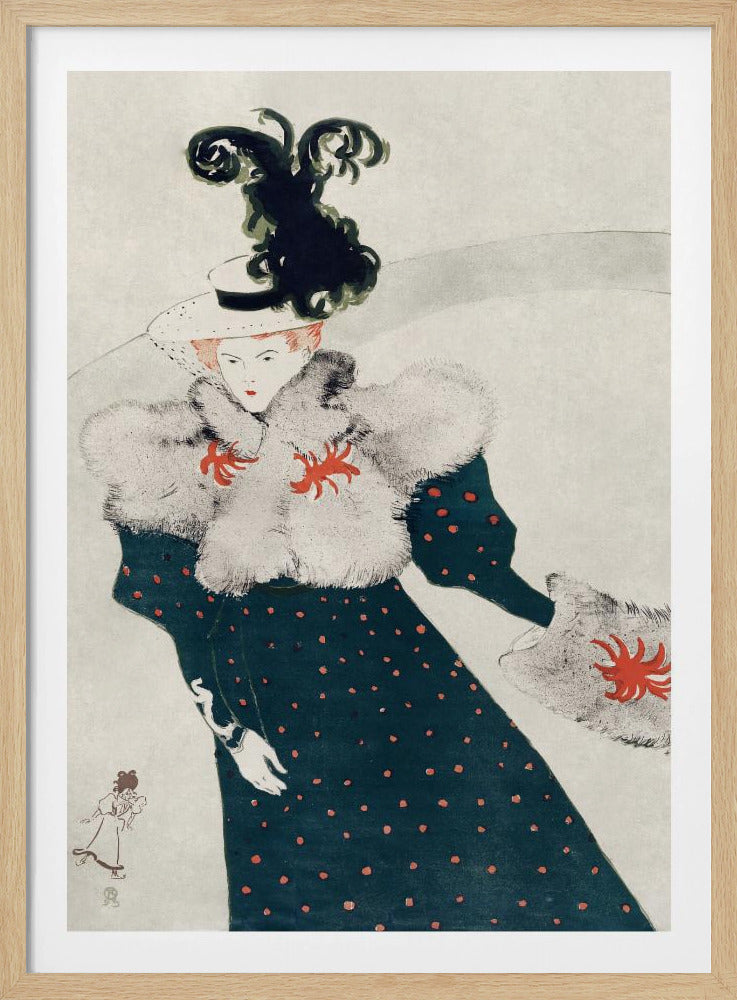 An Art Nouveau illustration of a woman in elegant finery. She wears a dark teal, red polka-dotted dress with a fluffy white fur stole and muff, both accented with red floral-like designs. Her white hat is adorned with a large, elaborate black plume. The background is a simple, light gray, emphasizing her fashionable silhouette. Artwork
