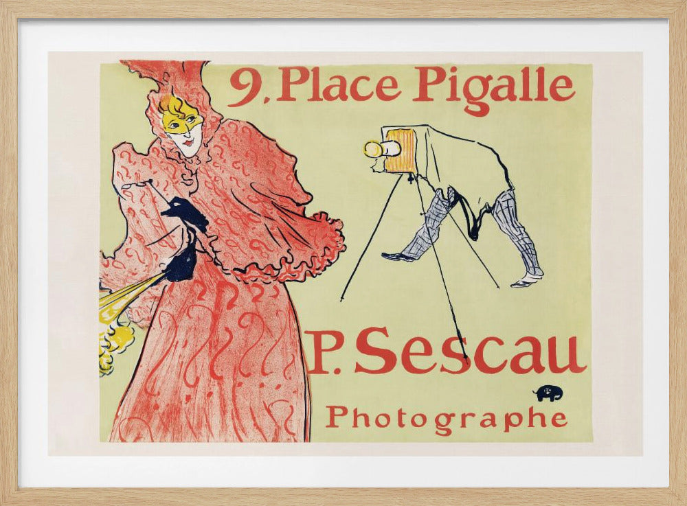 A vintage French advertisement poster by Toulouse-Lautrec for P. Sescau, a photographer. The Art Nouveau illustration features a woman in a red carnival costume and a yellow mask being photographed by a man under a cloth with a tripod camera, set against a pale yellow background with red and black text. Decor