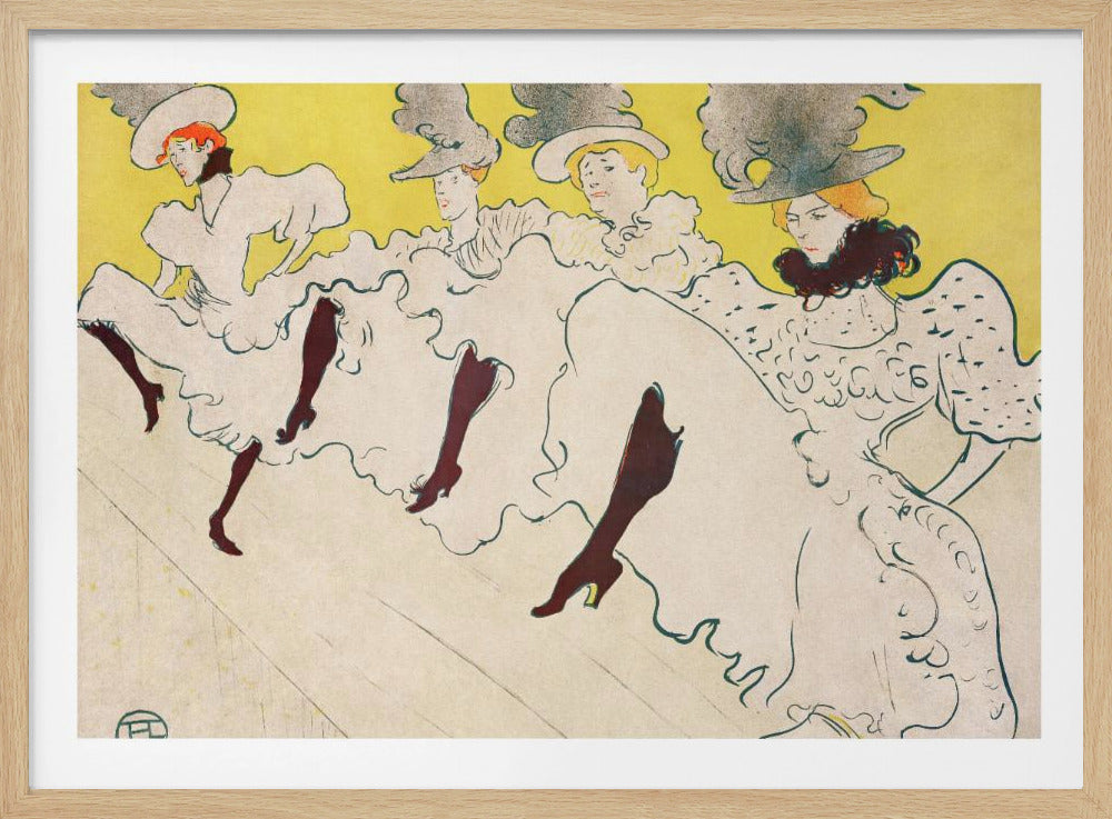 An Art Nouveau poster by Henri de Toulouse-Lautrec depicting a line of four can-can dancers in profile. They are wearing white ruffled dresses, dark stockings, and large hats with grey plumes, performing a high kick against a vibrant yellow background. Artwork