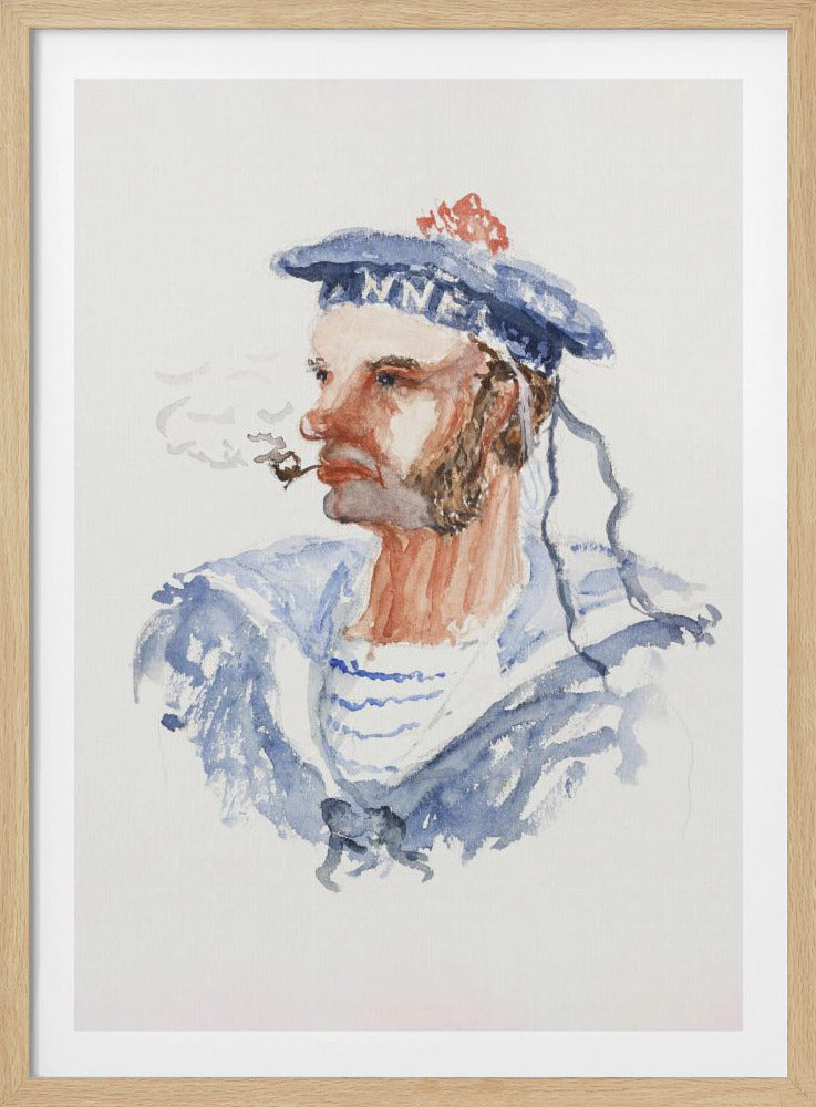 A watercolor portrait of a bearded sailor in profile, wearing a blue hat with a red pom-pom and a blue and white striped shirt. He is smoking a pipe, with wisps of smoke floating away, all set against a white background and enclosed in a black frame. Print
