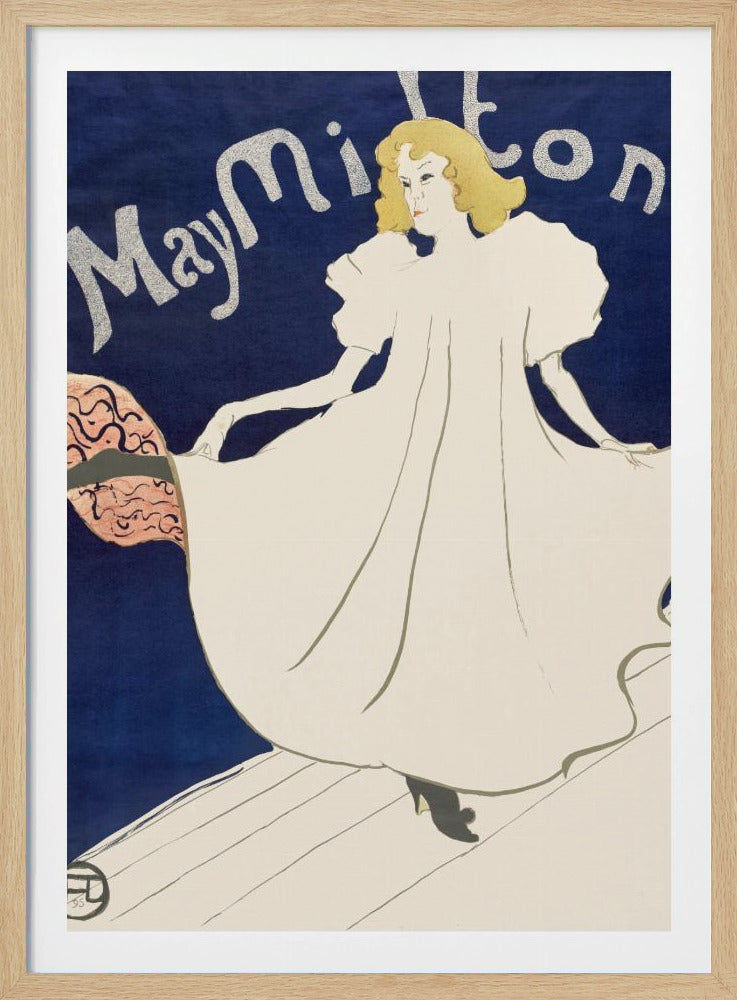 An Art Nouveau poster by Henri de Toulouse-Lautrec for the dancer May Milton. A blonde woman in a voluminous white dress stands on a stage against a deep blue background, looking back at the viewer. She lifts her skirt to reveal a pink and black lining. The name 'May Milton' is written in a stylized silver font. Wall Art