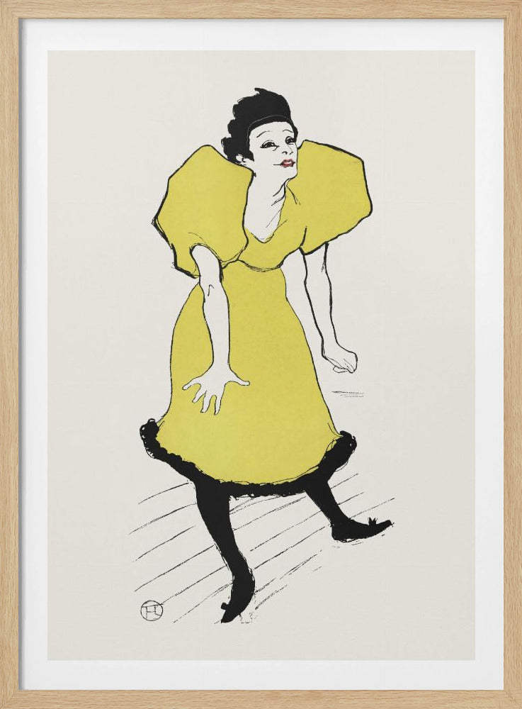 A vintage poster by Henri de Toulouse-Lautrec titled 'Yvette Guilbert', featuring a stylized illustration of the French singer. She is depicted wearing a bright yellow dress with voluminous puff sleeves and black stockings, leaning forward with a whimsical expression against a plain off-white background. The artwork is framed in black. Poster