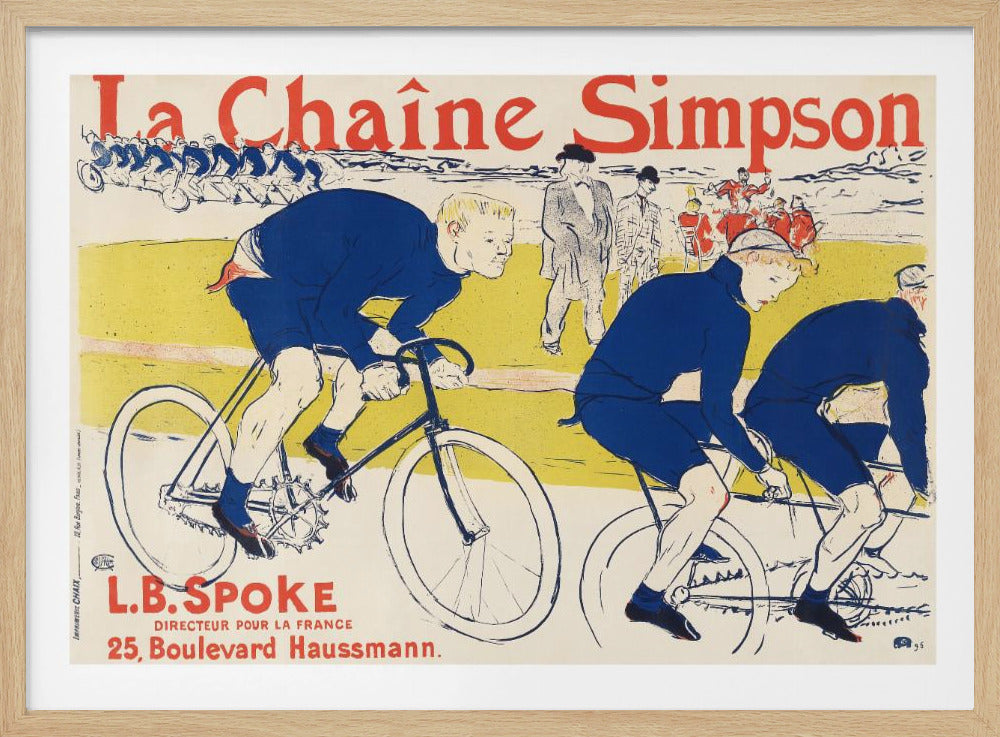 A vintage French advertising poster for 'La Chaîne Simpson'. The artwork depicts a bicycle race with several cyclists in the foreground wearing royal blue uniforms and hunched over their bikes. The background features more racers and spectators against a yellow and cream landscape. The text is in bold red and black lettering. Wall Art