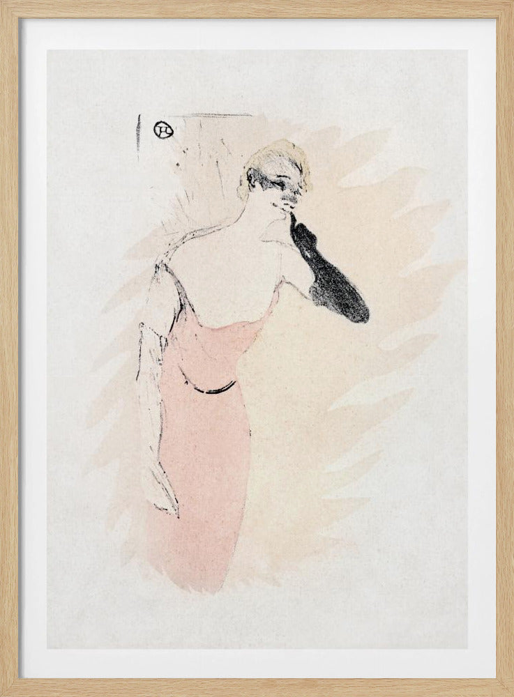 A vintage lithograph by Henri de Toulouse-Lautrec featuring a woman with blonde hair in a pink dress. She wears a long black glove on one arm, holding it up to her chin. The style is loose and sketchy with black outlines against a pale beige and off-white background. Wall Art