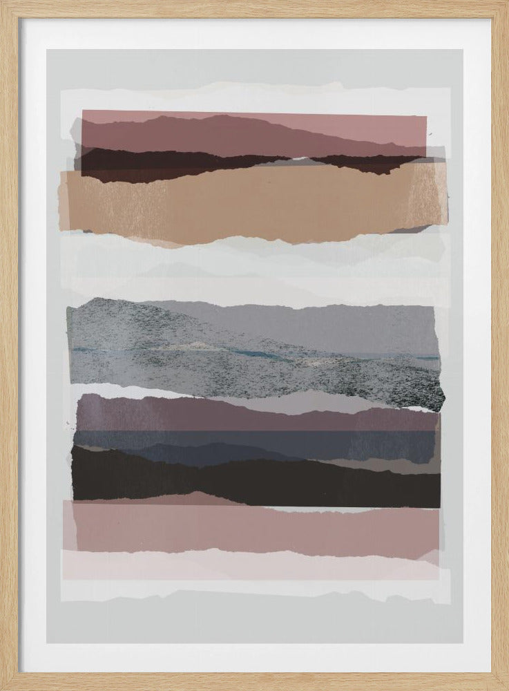 An abstract collage art piece featuring horizontal strips of torn paper layered on top of each other. The color palette is muted and earthy, including shades of dusty rose, tan, grey, and charcoal. The layering and torn edges create a textured, landscape-like effect, all set against a white background within a black frame. Print
