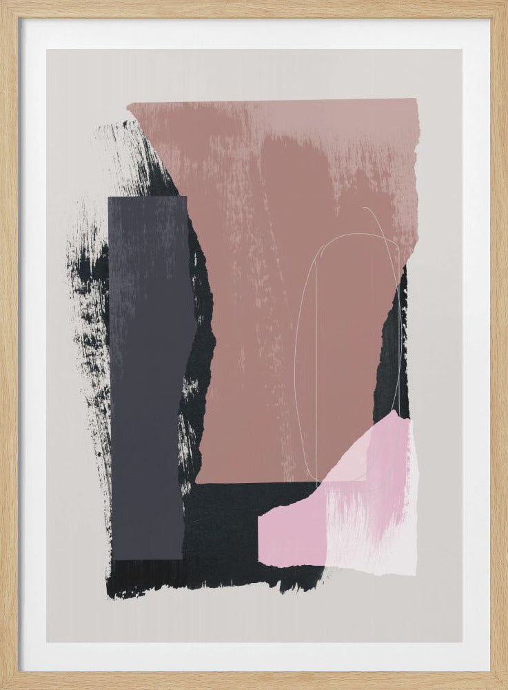 A modern abstract art piece in a black frame, featuring a vertical composition of layered shapes with torn paper and brushstroke textures. The color palette includes dusty rose, charcoal gray, black, and a touch of light pink on an off-white background. Faint white lines are sketched over the colored forms. Print