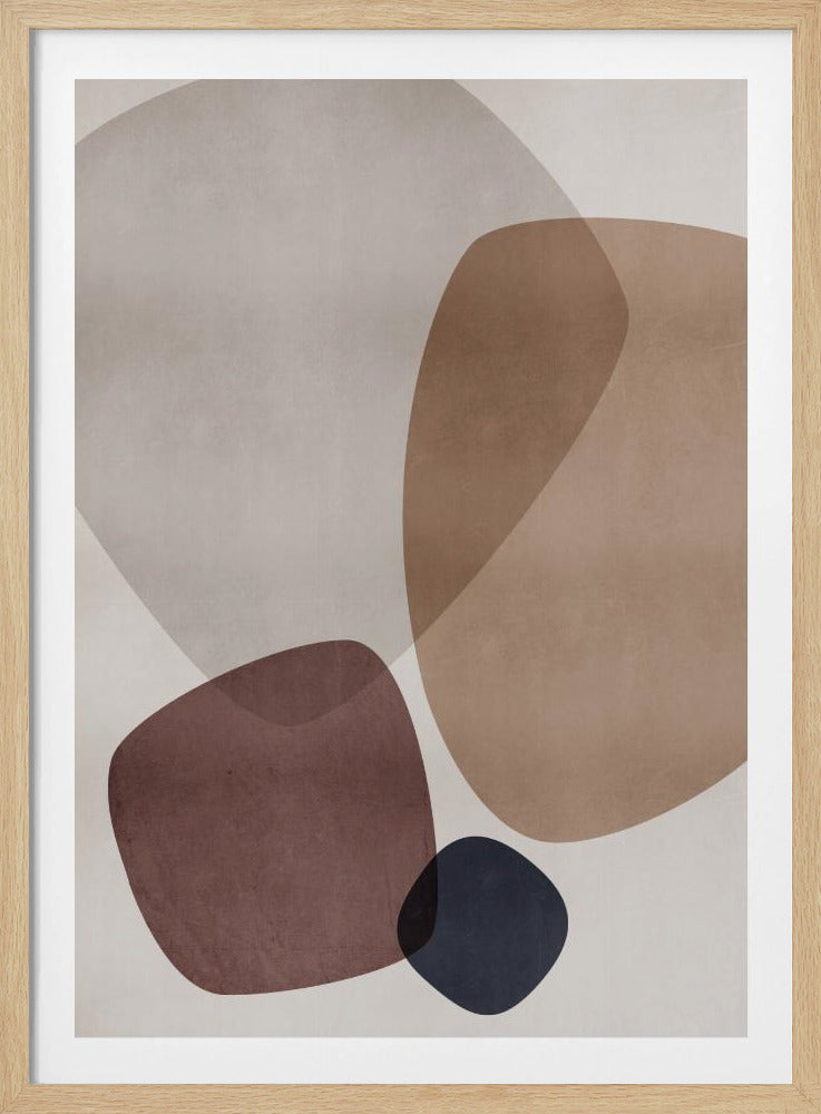 A framed modern abstract artwork featuring several overlapping, semi-transparent organic shapes in a muted palette of brown, reddish-brown, and dark navy blue against a textured light beige background. Decor