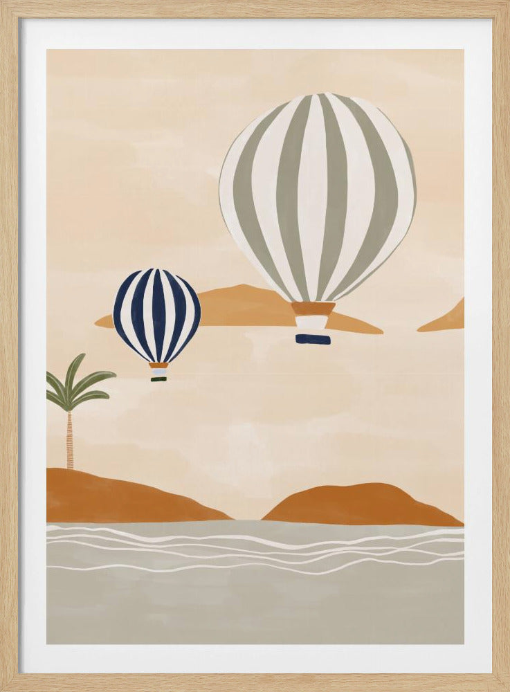 A modern illustration of two striped hot air balloons floating over a calm sea and rolling terracotta hills. The larger balloon is sage green and white, while the smaller one is dark blue and white. A single palm tree stands on the shore under a soft beige sky. Print