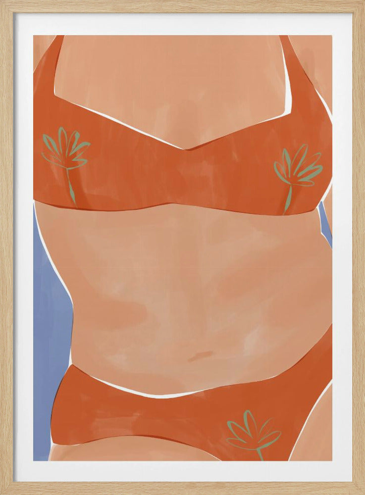 A minimalist illustration of a woman's torso wearing a vibrant orange bikini with small green palm leaf patterns. Her tan skin is set against a solid light blue background, and the artwork has a clean, painterly style. Poster