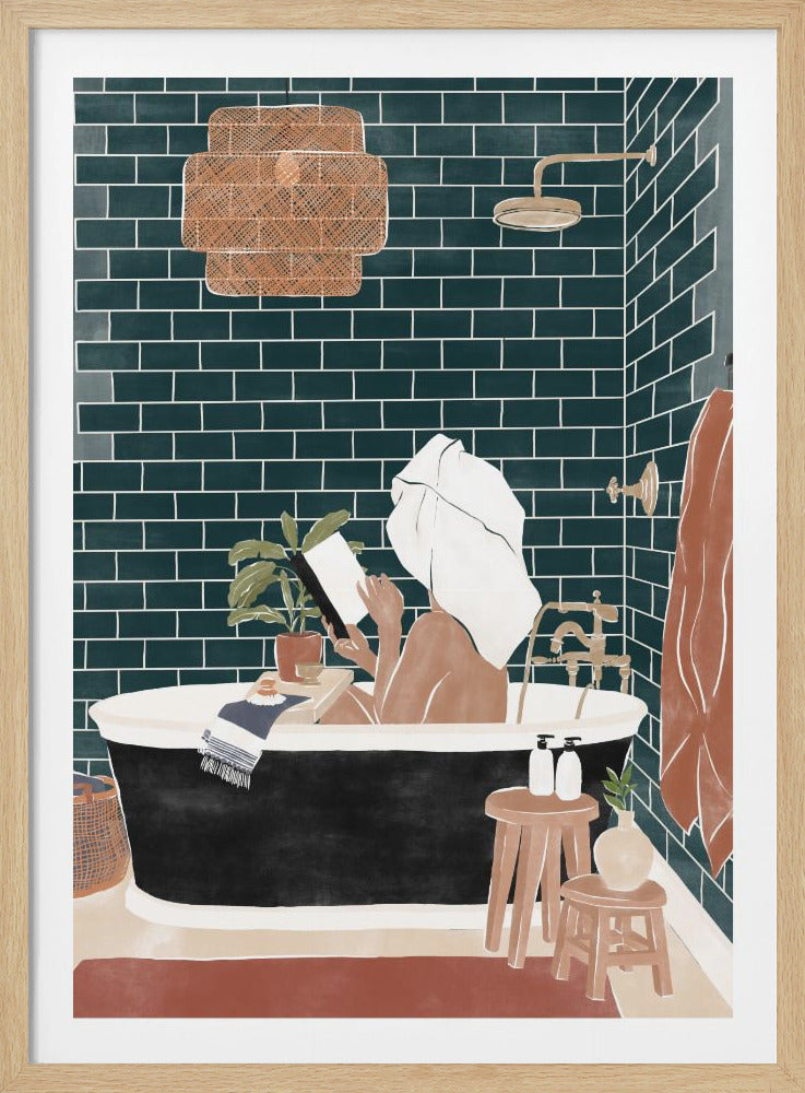 An illustration of a woman with a white towel on her head relaxing in a black freestanding bathtub, reading a book. The bathroom has dark green subway tiles, a wicker light fixture, and terracotta and wood accents, creating a calm, modern, and bohemian atmosphere. Artwork