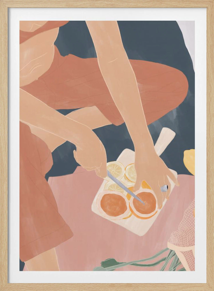 A minimalist, color-blocked illustration showing a person from an overhead view, wearing rust-colored clothes while slicing oranges and lemons on a white cutting board. The scene is set against a background of deep blue and soft pink. Print