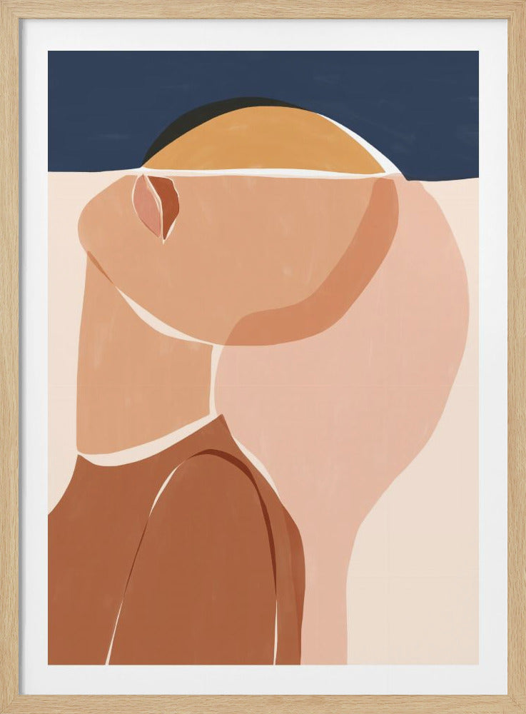 A framed abstract painting featuring a collection of overlapping organic shapes in earthy tones of terracotta, tan, and blush pink against a cream background. The upper portion of the artwork has a solid band of dark navy blue, creating a stark contrast. The composition is minimalist and modern, with thin white lines defining the edges of some shapes. Wall Art