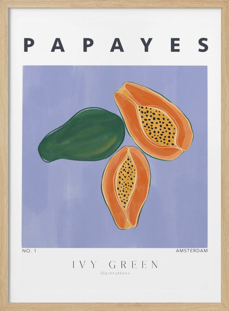 A modern art print featuring an illustration of papayas against a lavender background. One whole green papaya and two halves showing their orange flesh and black seeds are depicted. The word 'PAPAYES' is at the top, and 'IVY GREEN' at the bottom, all framed in black. Print
