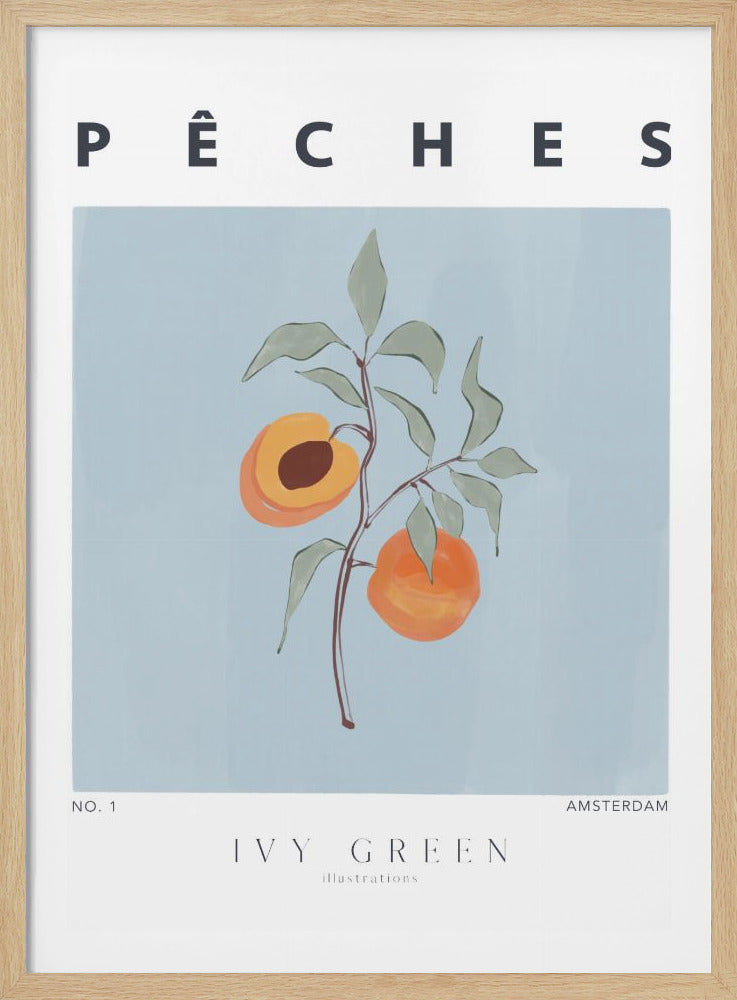 An illustrative art print of a peach branch with two ripe peaches and green leaves against a light blue background. The word 'PÊCHES' is printed at the top, and 'IVY GREEN illustrations' at the bottom, creating a modern, botanical poster style. Print