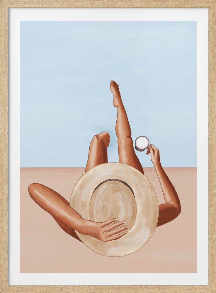 An overhead illustration of a woman relaxing on a beach, holding a large straw hat over her chest and a white cup in her other hand, with her tanned legs bent against a pale blue sky. Print