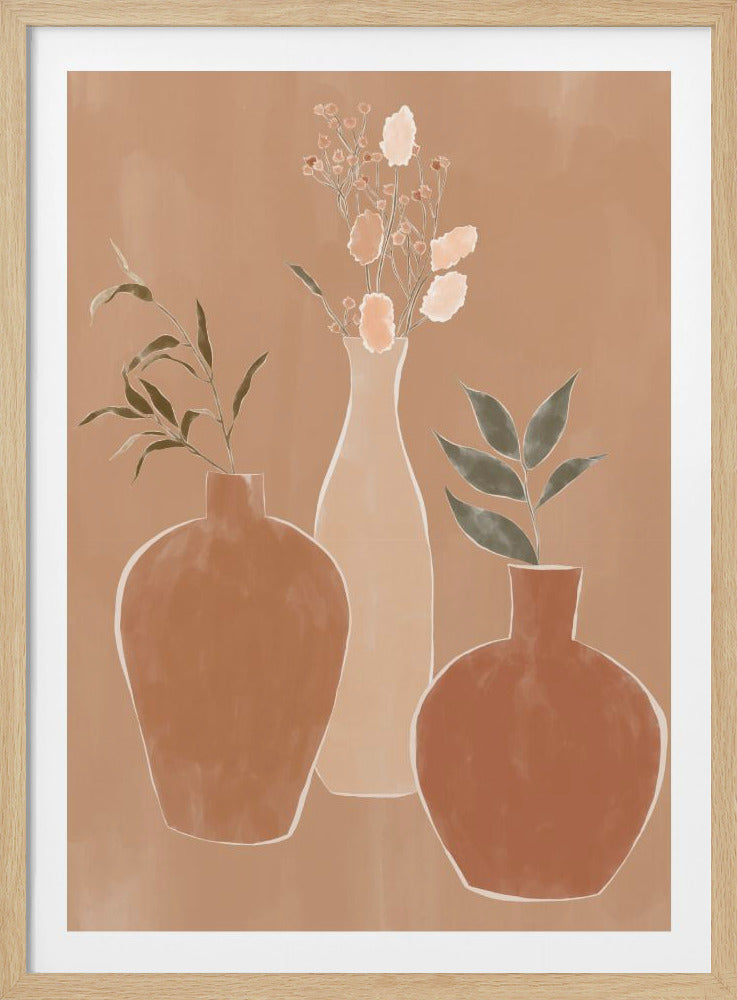 A vertical still life painting of three vases in earthy tones against a light brown background, enclosed in a black frame. Two terracotta-colored vases and one tall, cream-colored vase hold simple arrangements of green leaves and delicate pink and cream flowers. Print