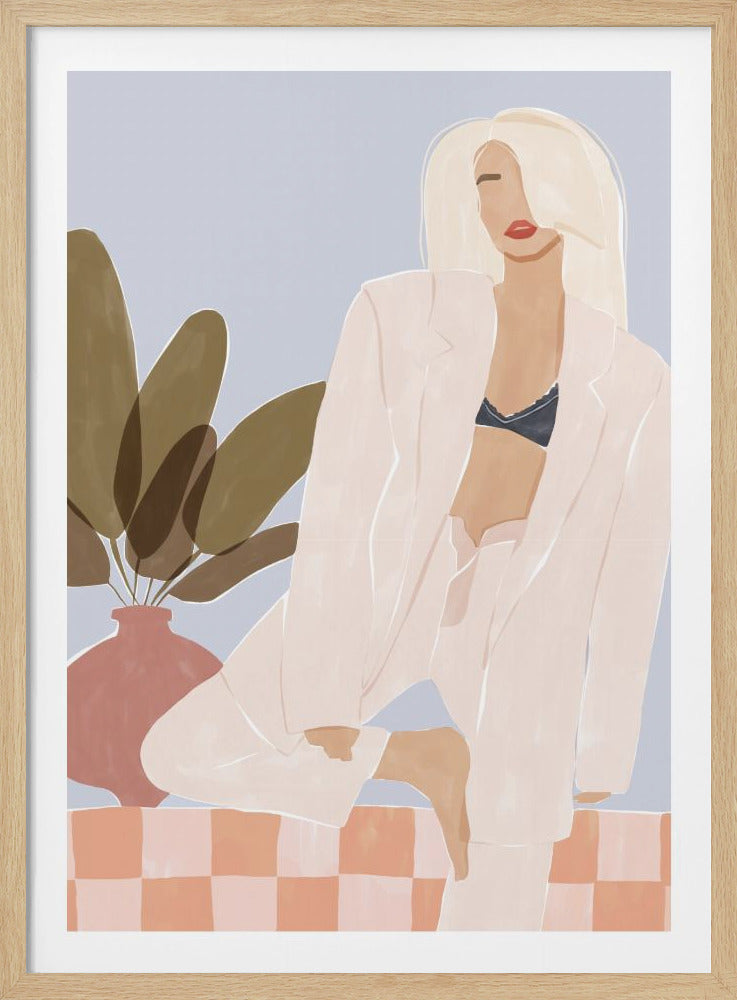 A minimalist illustration of a faceless blonde woman in a stylish, oversized light pink pantsuit worn open over a black bra. She poses with one leg up on a pink checkered surface, next to a terracotta vase with a large leafy plant, all against a solid light blue background. Poster