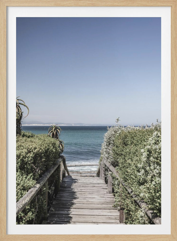 A weathered wooden boardwalk path descends between thick green coastal bushes towards a tranquil turquoise ocean under a clear blue sky. Artwork