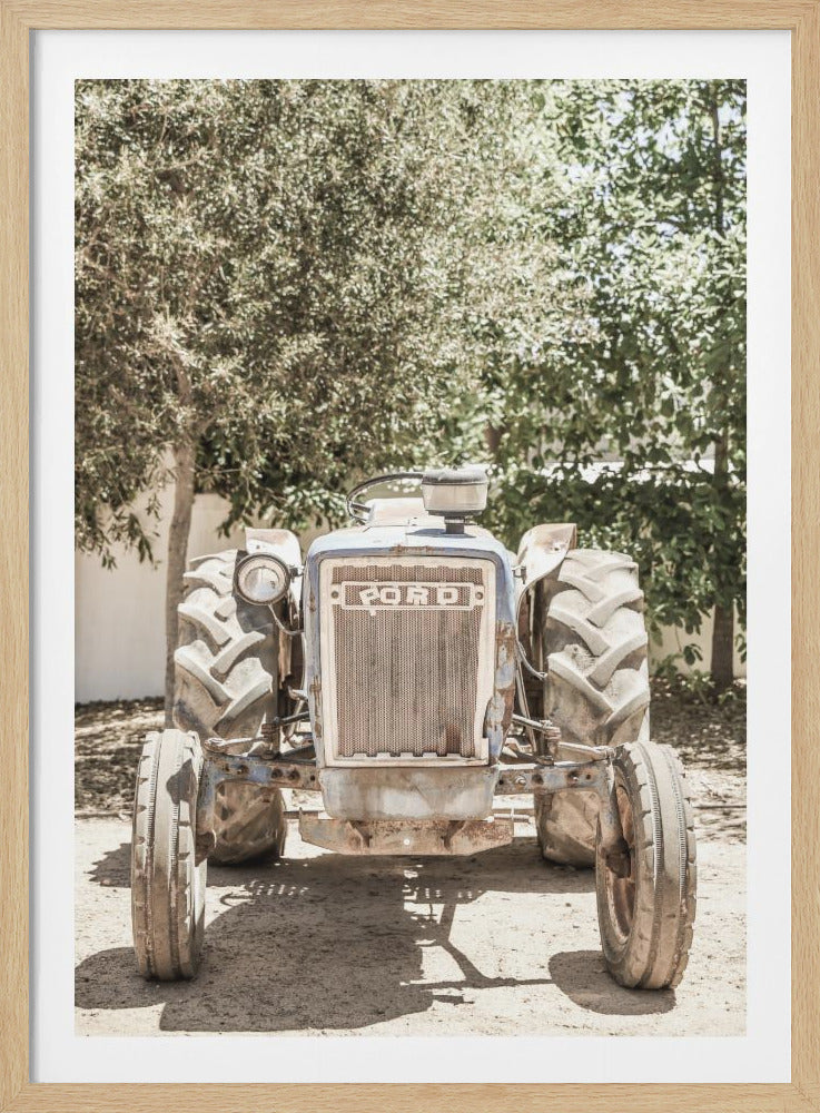 A front-view, eye-level photograph of a weathered light blue vintage Ford tractor parked on a dirt ground. The tractor shows signs of rust and age, and in the background are leafy green trees under bright sunlight. The image has a warm, faded aesthetic and is bordered by a black frame. Poster