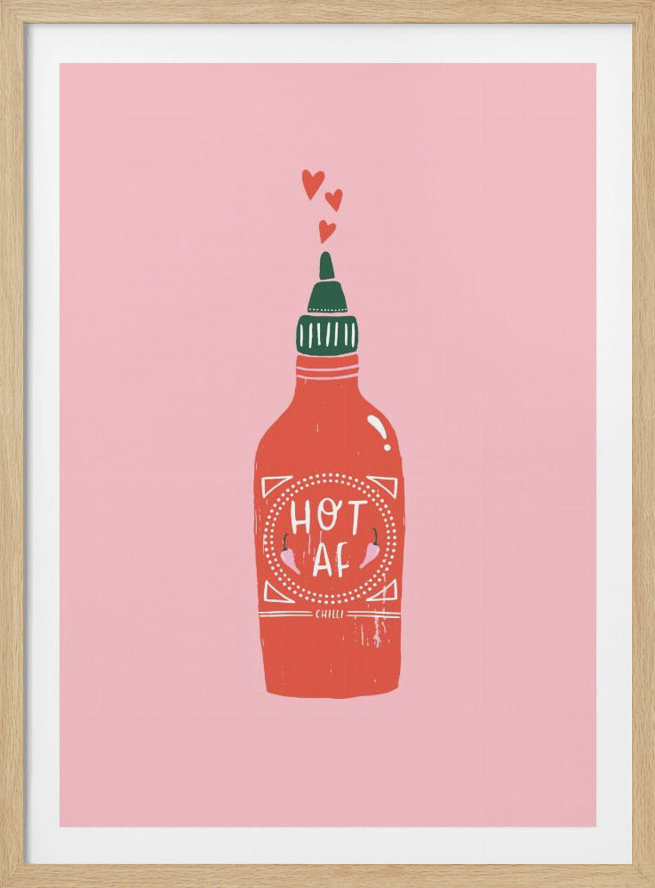 A graphic illustration of a red hot sauce bottle with a green cap on a pink background. The label on the bottle humorously reads 'HOT AF'. Three small red hearts float up from the nozzle, all enclosed within a thin black frame. Wall Art