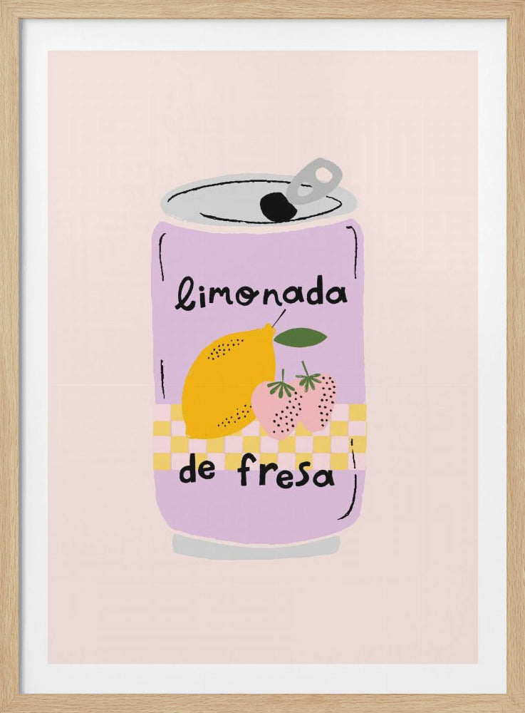 A whimsical illustration of a lavender soda can labeled 'limonada de fresa'. The can features a yellow lemon and two pink strawberries on a yellow and white checkered pattern. The artwork is set against a pale pink background and housed in a thin black frame. Wall Art