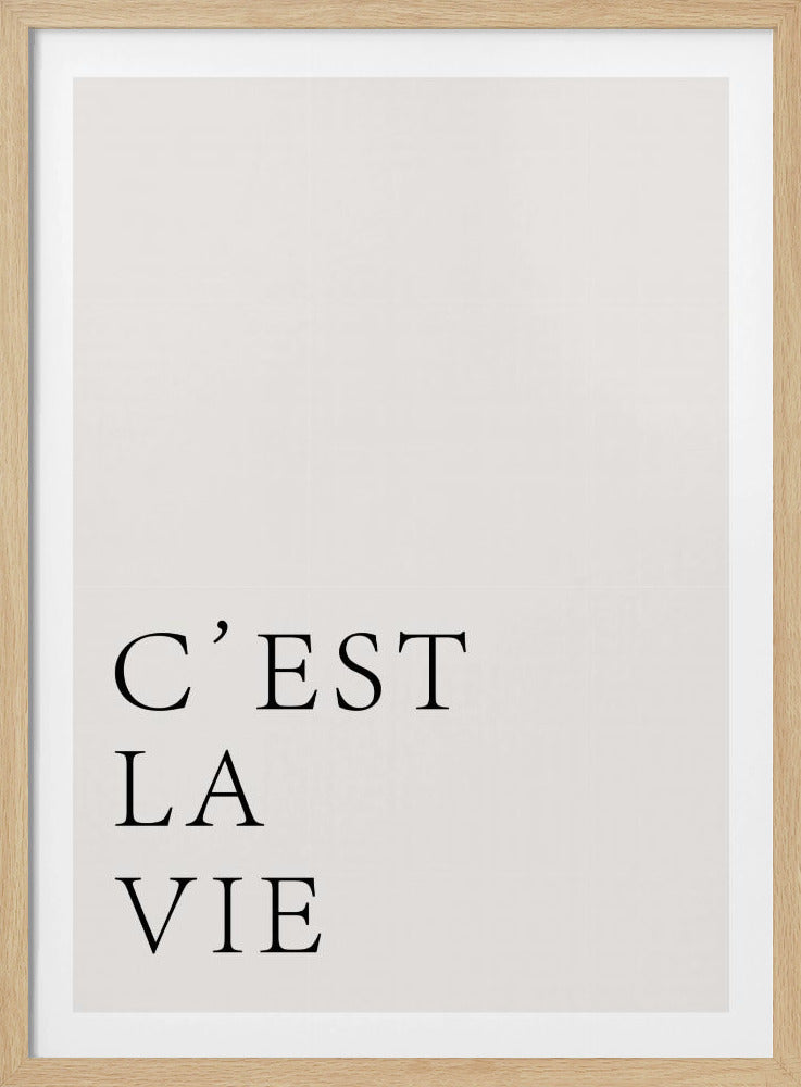 A minimalist art print with a thin black frame featuring the French phrase 'C'EST LA VIE' in a black serif font on an off-white background, positioned in the lower left corner. Poster
