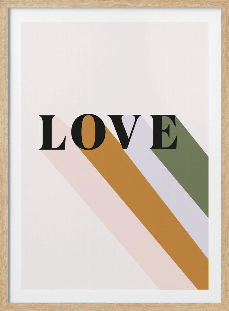 A modern graphic art print in a black frame. The word 'LOVE' is printed in a black serif font on a white background. A long, stylized shadow extends from the text, composed of diagonal stripes in muted pink, mustard yellow, light gray, and olive green. Decor
