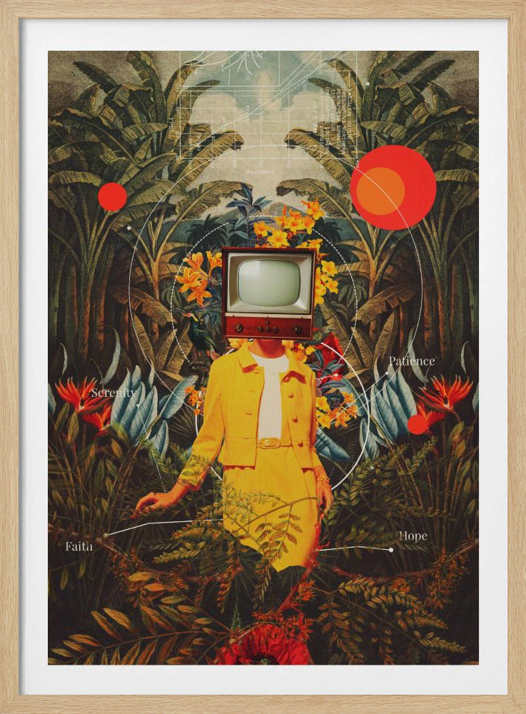 A surreal vintage-style collage of a person with a retro television for a head, wearing a bright yellow suit. They stand amidst a lush tropical jungle of green leaves and colorful flowers. Abstract elements like red circles and white lines connect to the words 'Patience', 'Serenity', 'Hope', and 'Faith'. Poster