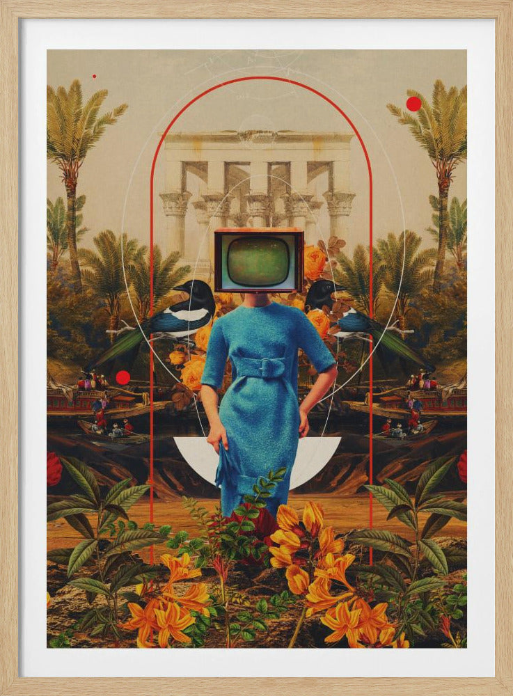 A surreal collage featuring a woman in a vintage blue dress with a retro television for a head. She stands in a lush landscape with palm trees, classical architecture, and magpies, framed by abstract red and white arches. The foreground is filled with vibrant orange and yellow flowers. Artwork