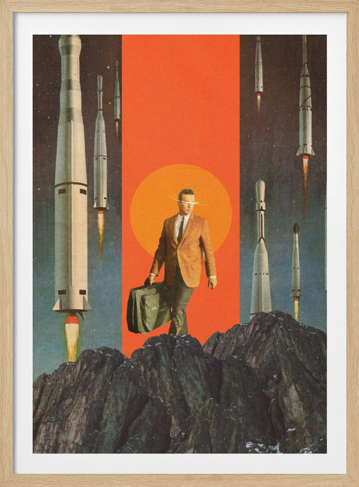 A surreal collage featuring a man in a brown suit carrying a suitcase, walking on a rocky mountain peak. Behind him is a large orange sun against a vertical orange banner. The background is a starry night sky filled with numerous launching rockets. Artwork