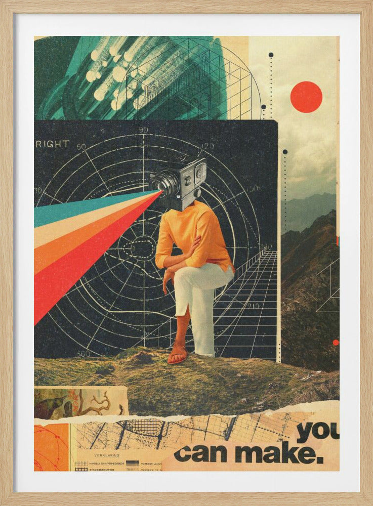 A surreal vintage collage featuring a person with a retro camera for a head, sitting against a dark technical diagram. A bright rainbow beam projects from the camera's lens. The artwork is composed of various cutouts including mountains, charts, and text fragments. Poster