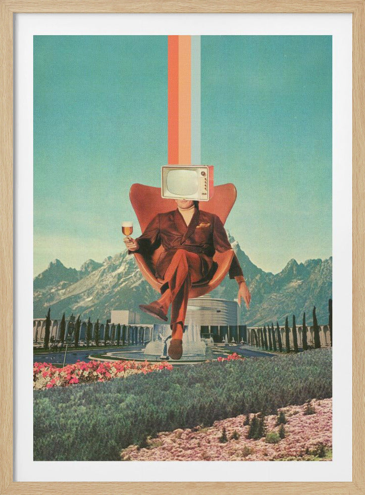 A surreal vintage collage of a person with a television for a head, dressed in a brown suit, sitting in a floating orange armchair and holding a drink. The scene is set against a backdrop of mountains and a modern building, with colorful foliage in the foreground and a retro striped rainbow extending from the TV. Wall Art