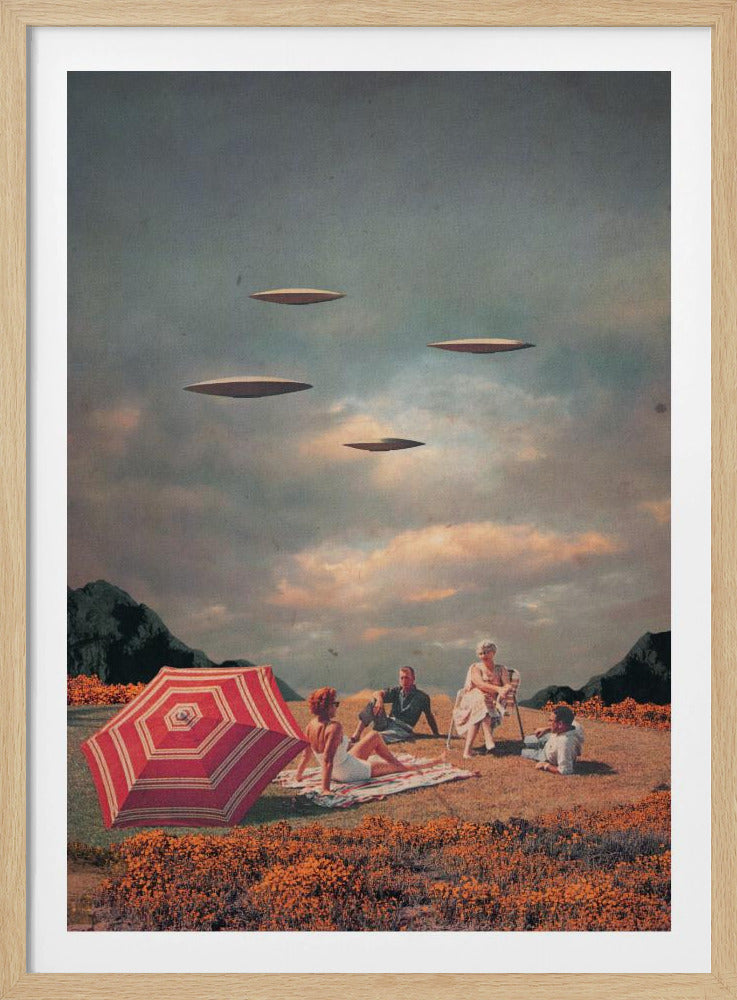 A surreal vintage collage showing a family having a picnic in a field of orange flowers under a cloudy sky, while four flying saucers hover peacefully above them. Print