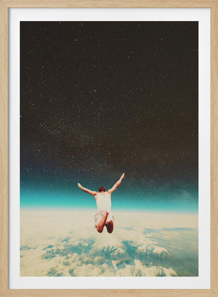 A surreal collage showing a man from behind, jumping with arms outstretched towards a vast, starry night sky, high above a sea of clouds and the blue glow of Earth's atmosphere. Print