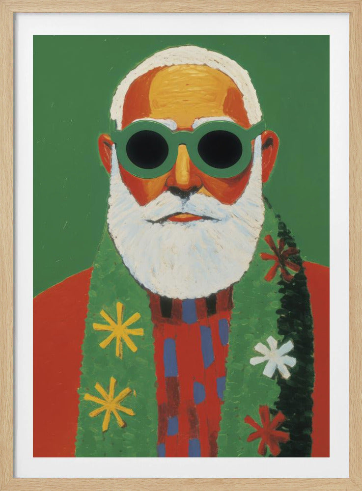 A modern, stylized portrait painting of Santa Claus against a solid green background. He has a white beard and hair, and is wearing oversized round green sunglasses, a red sweater, and a green scarf decorated with colorful snowflakes. Print