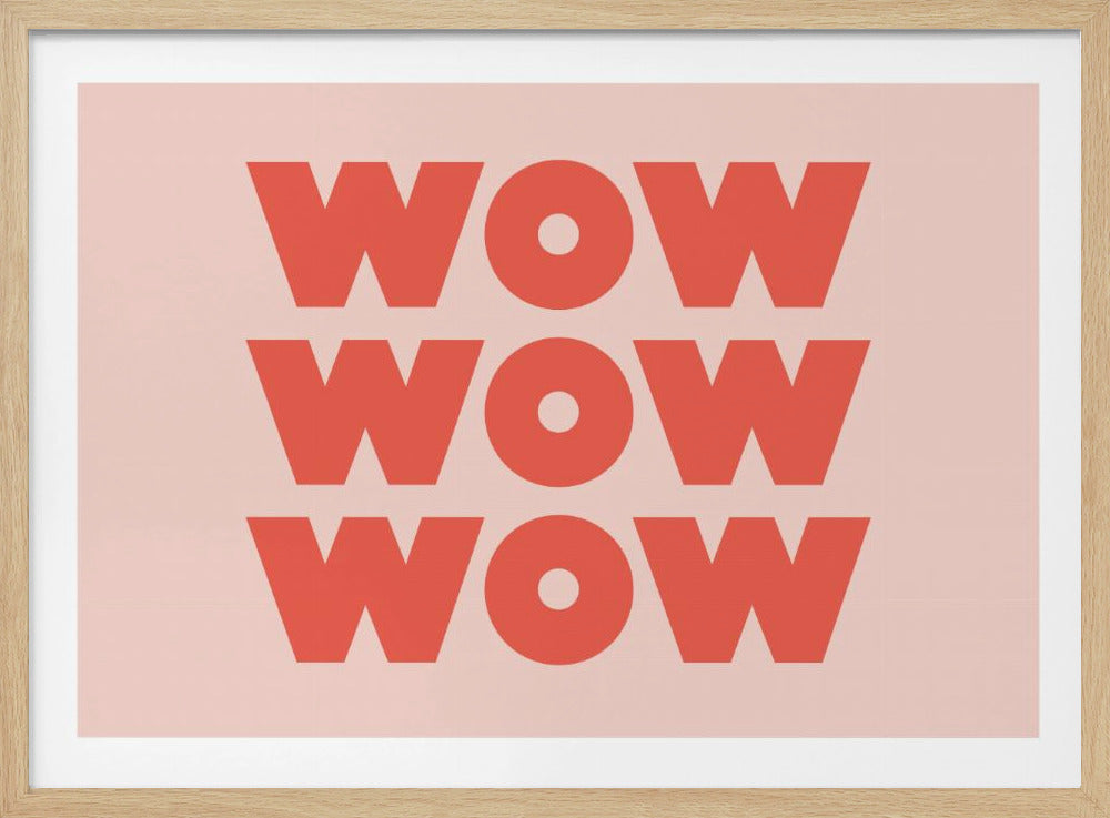 A modern typographic art print featuring the word 'WOW' repeated three times in a bold, red, sans-serif font against a pale pink background, all enclosed in a silver frame. Wall Art