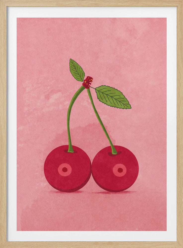 A framed graphic illustration of two bright red cherries with joined green stems and leaves, set against a textured light pink background. Artwork