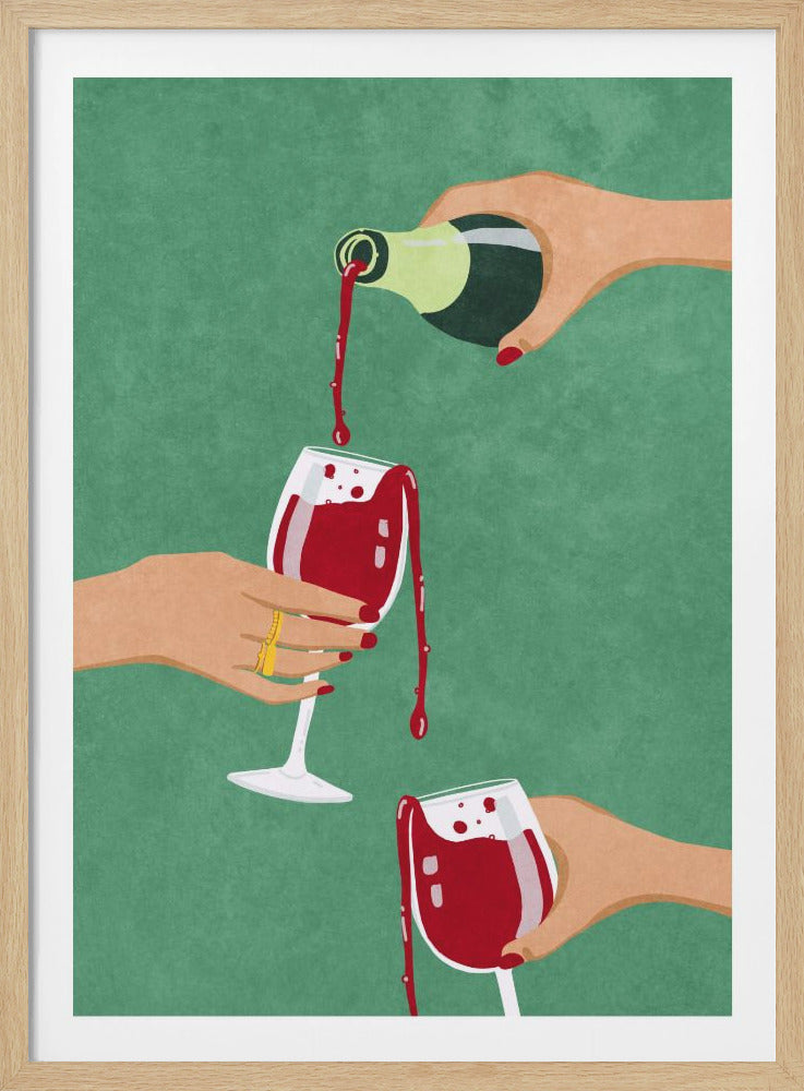 A graphic illustration of three hands with red nails against a green background, all involved in a messy pouring of red wine. One hand pours from a bottle, overflowing a wine glass held by a second hand, while a third hand at the bottom holds another overflowing glass. Artwork