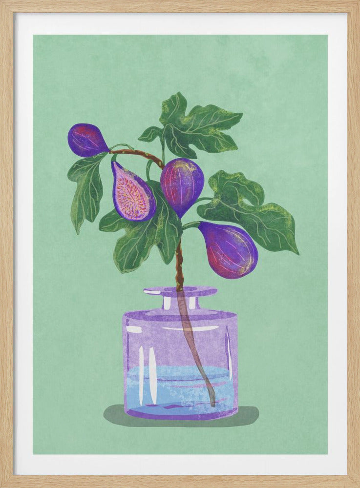A stylized illustration of a branch with green leaves and ripe purple figs in a transparent purple vase, set against a solid mint green background. One fig is sliced in half, revealing its pink interior. Decor