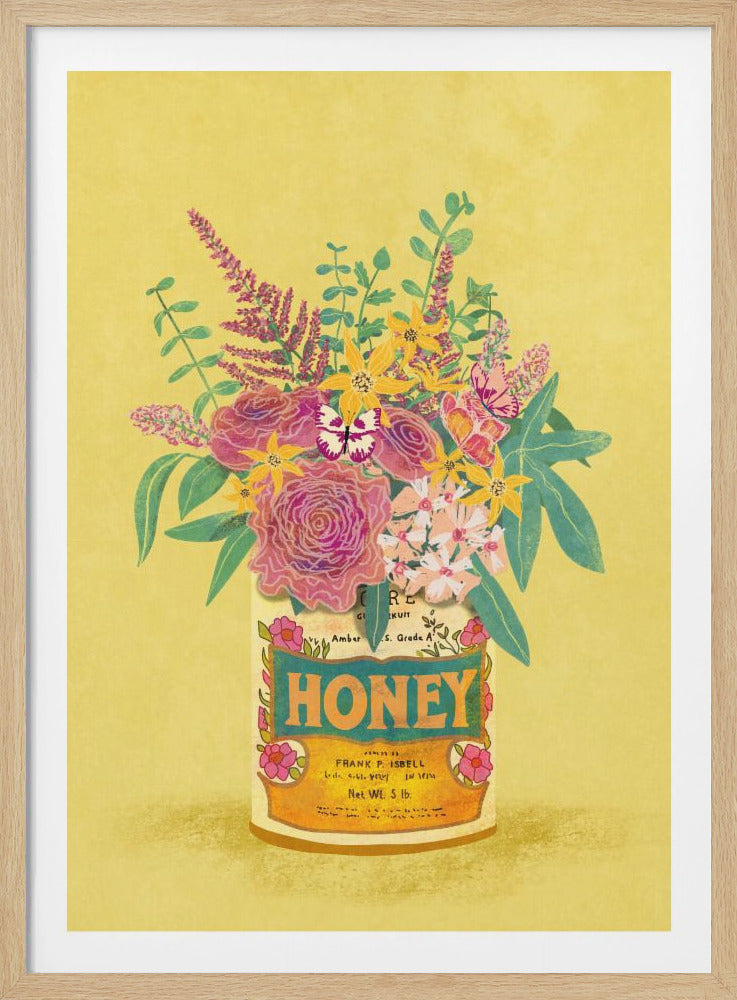 A vintage-style illustration of a colorful bouquet of flowers, including pink roses and yellow wildflowers, arranged in an old-fashioned honey jar. The scene is set against a bright yellow background and includes a few small butterflies among the blooms. Artwork