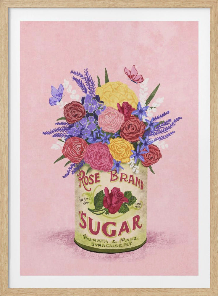 A vintage-style illustration of a colorful bouquet of flowers arranged in a can of 'Rose Brand Sugar'. The bouquet features red, pink, and yellow roses, along with purple lavender and other small blossoms. Butterflies flutter around the flowers against a soft pink background. Print