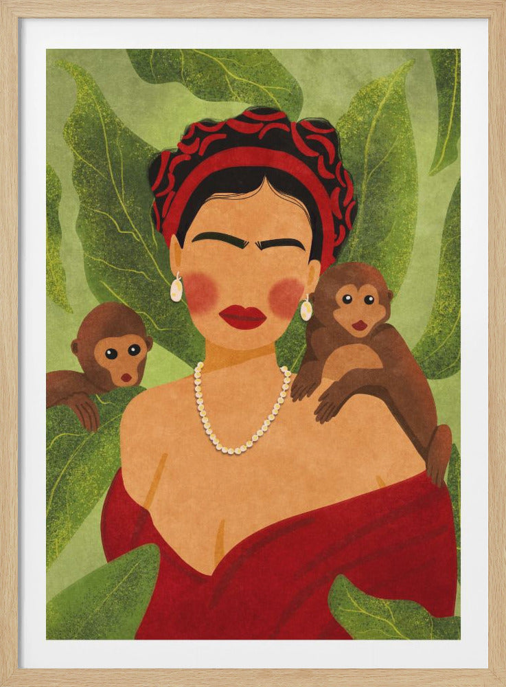 A stylized portrait of a woman resembling Frida Kahlo against a background of large green leaves. She wears a red dress, a pearl necklace, and a red floral headpiece. Two small monkeys are with her, one on her shoulder and another peeking from behind. Decor