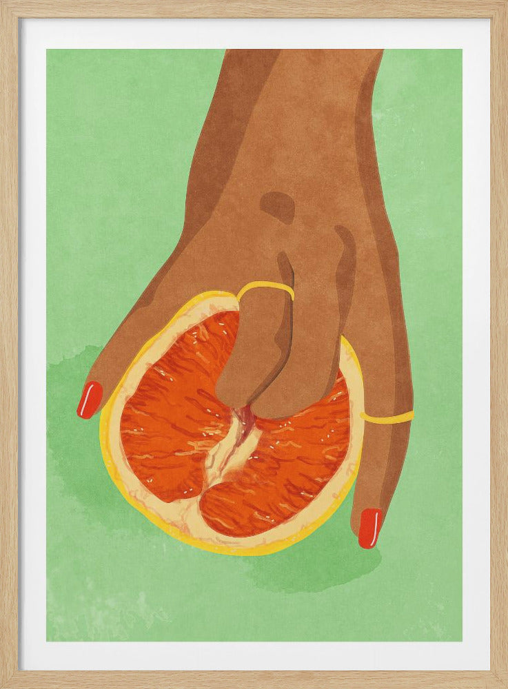 A modern illustration of a person's brown hand with red polished nails and gold rings holding a halved, juicy grapefruit against a light green background. Print