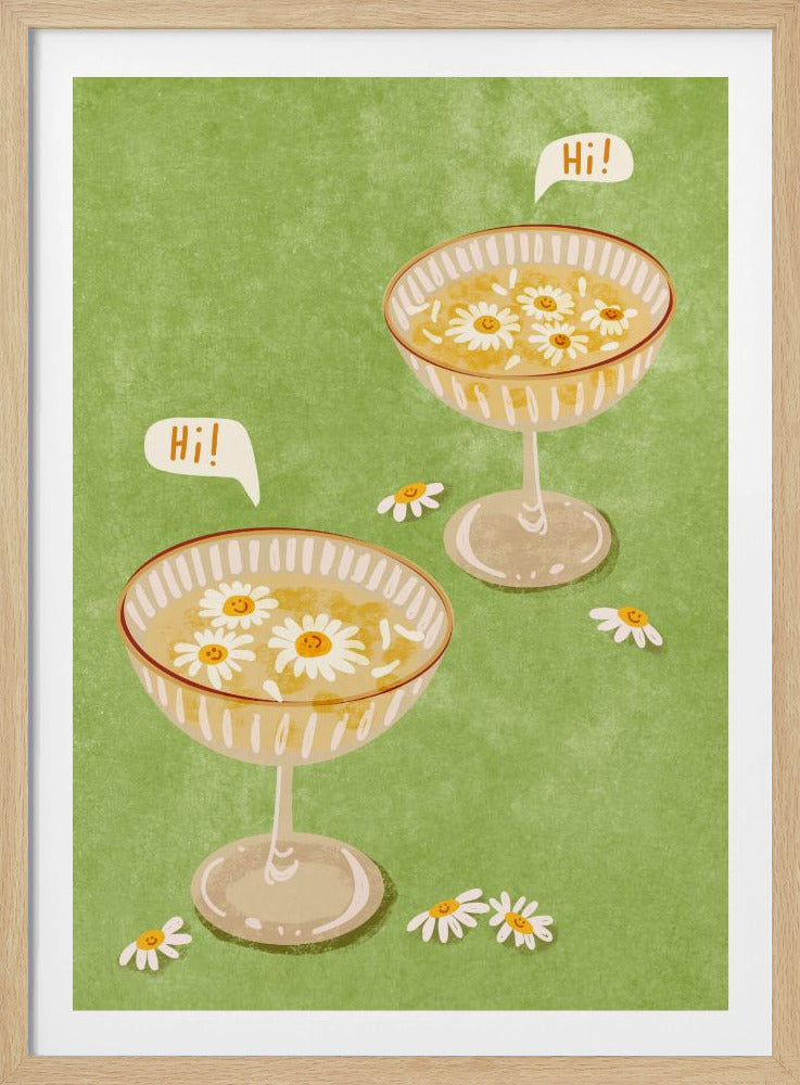 A whimsical illustration featuring two cocktail coupe glasses on a light green background. The glasses are filled with a yellow liquid and have smiling white daisies floating in them. Two speech bubbles say 'Hi!', adding a friendly and cheerful vibe to the scene. Wall Art