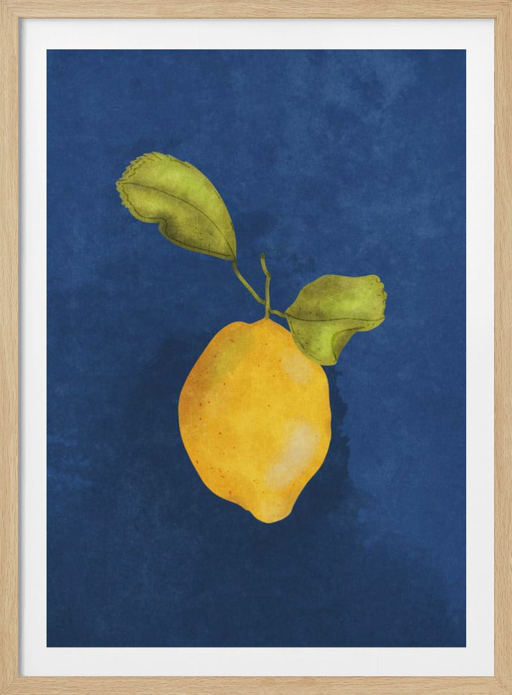 A painterly illustration of a single vibrant yellow lemon with two green leaves on its stem, set against a textured, deep blue background and framed in black. Wall Art