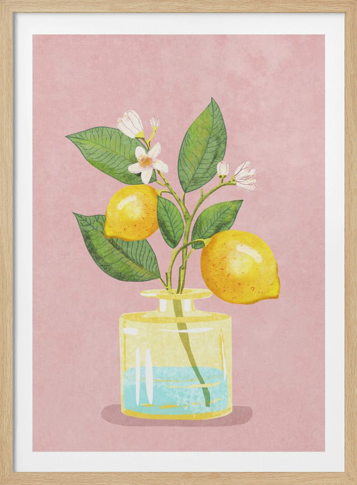 A stylized illustration of a lemon branch with two yellow lemons, green leaves, and white blossoms in a clear glass vase. The vase contains light blue water and is set against a solid pink textured background, all enclosed in a thin black frame. Decor